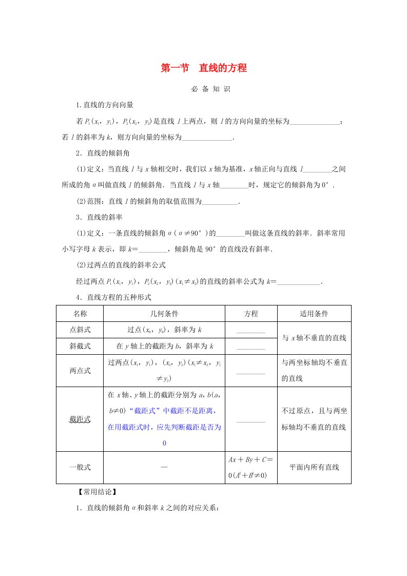 2025版高考数学全程一轮复习课前预备案第八章解析几何第一节直线的方程