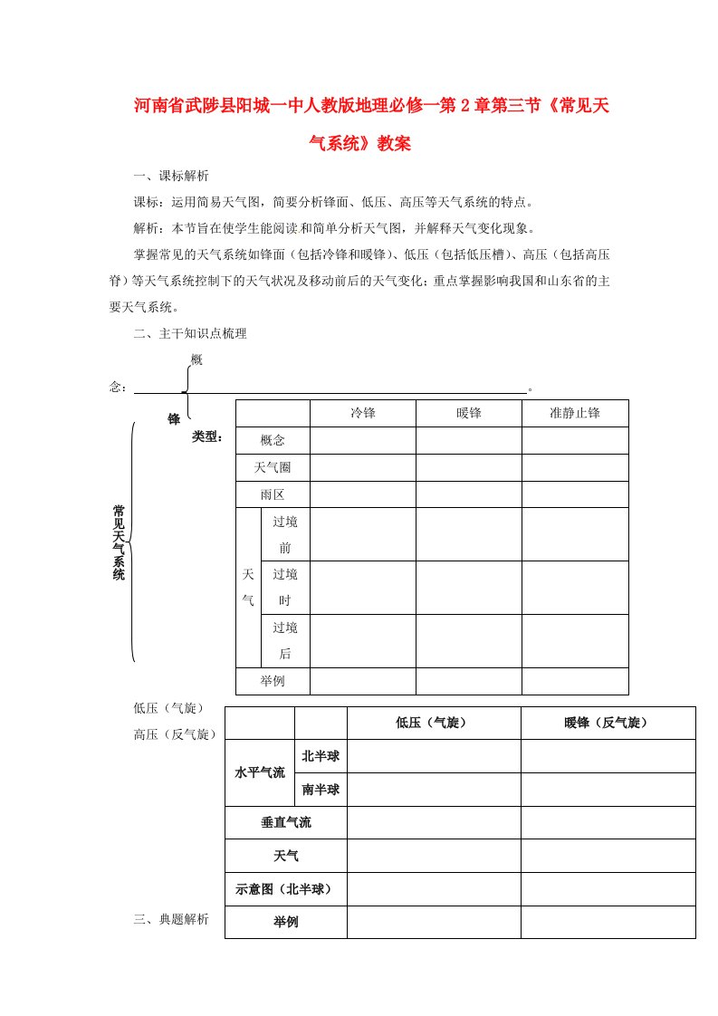 河南省武陟县阳城一中高中地理《常见天气系统》教案新人教版必修