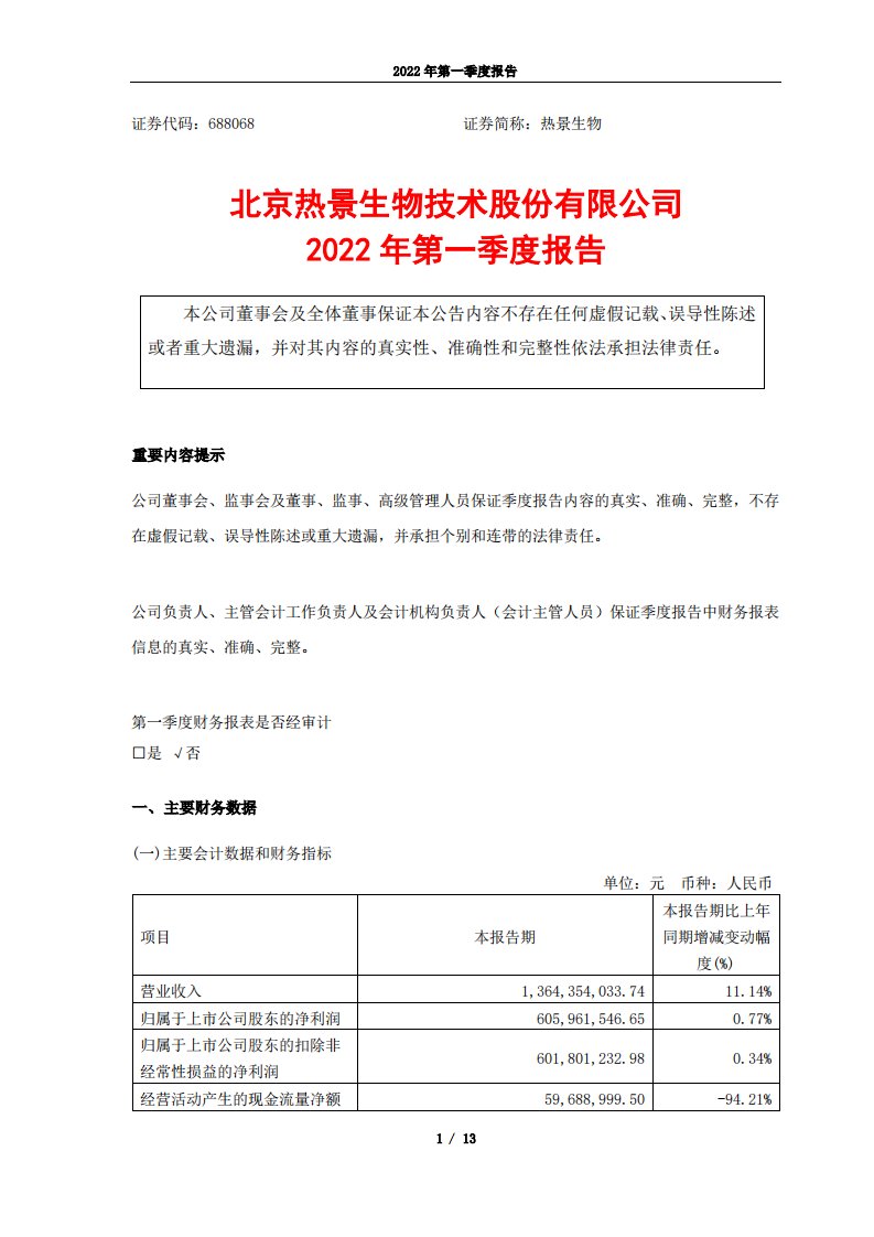 上交所-北京热景生物技术股份有限公司2022年第一季度报告-20220427