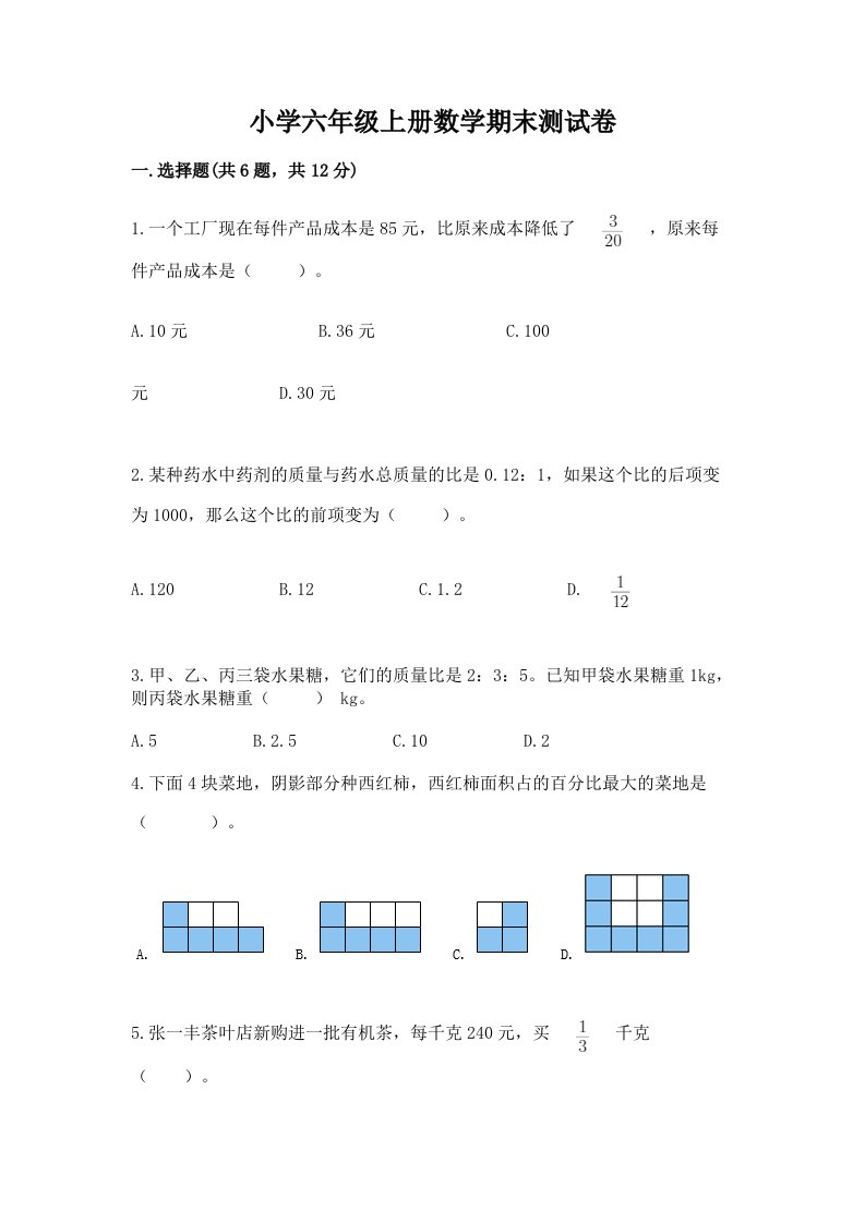 小学六年级上册数学期末测试卷附完整答案【名校卷】