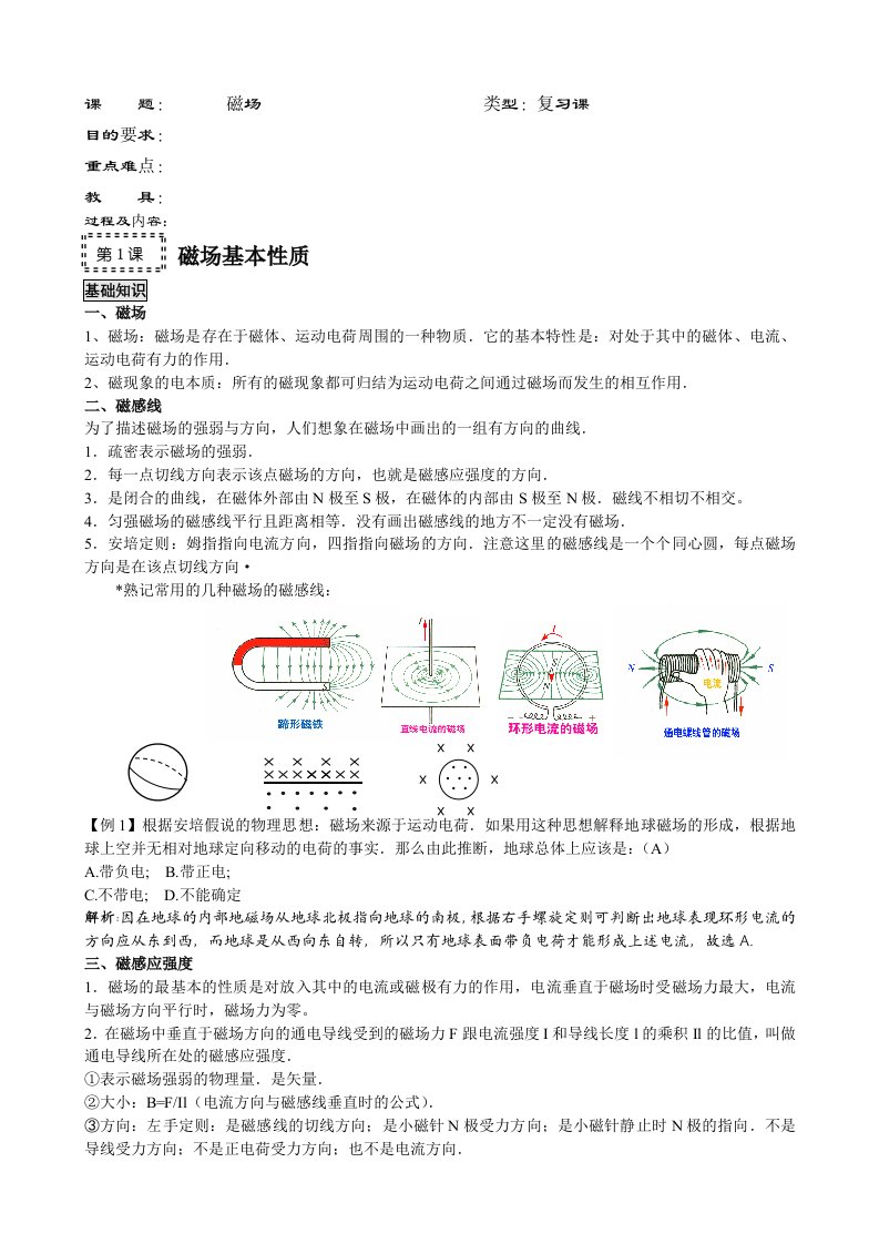 高考物理第一轮复习教案12-磁场