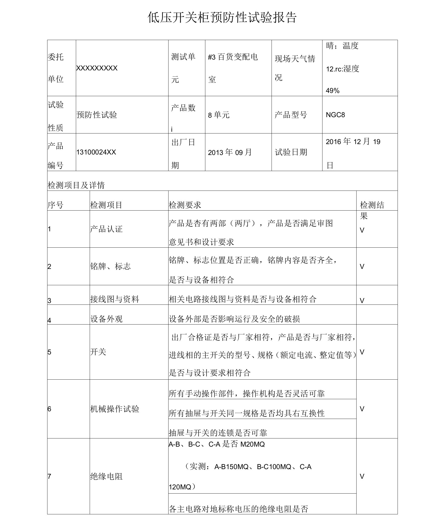 低压开关柜预防性试验报告