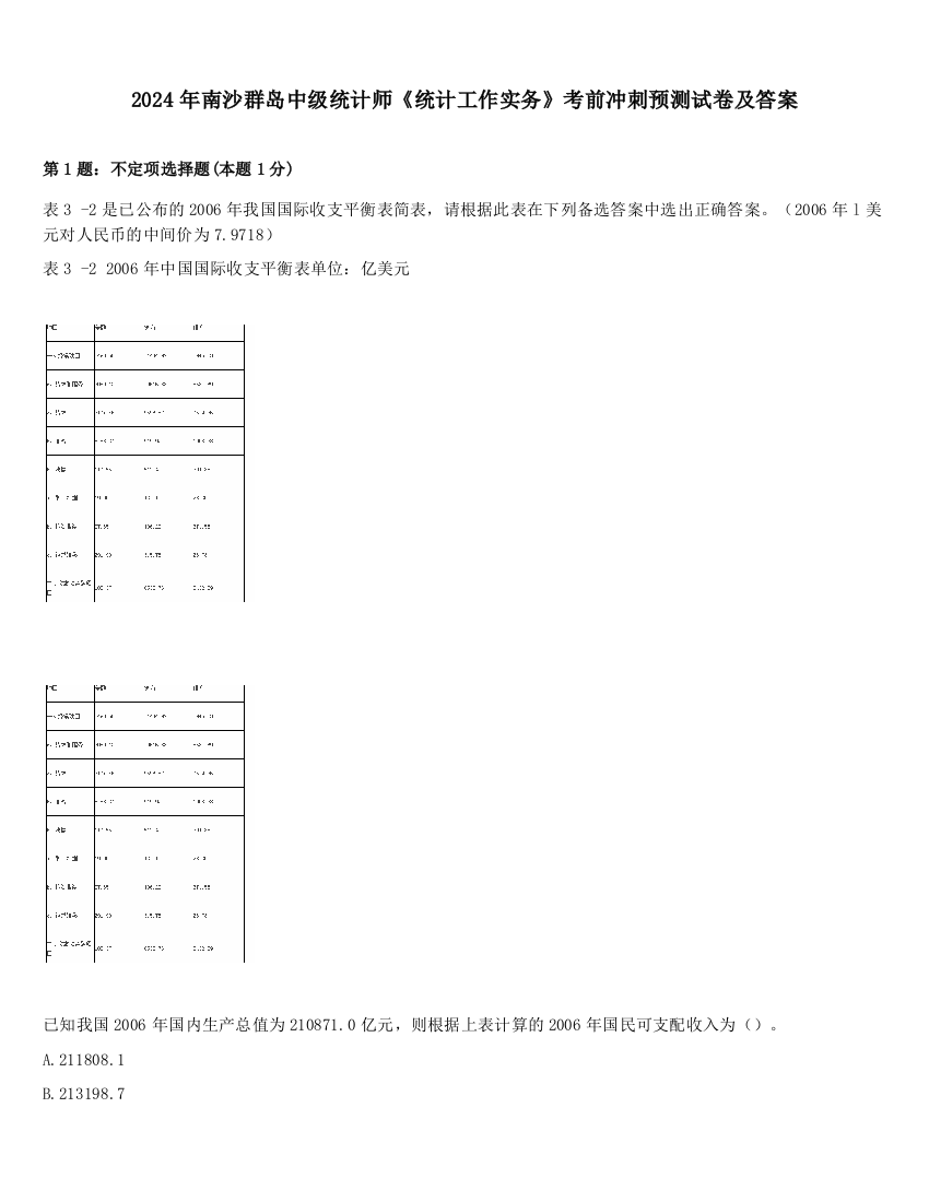 2024年南沙群岛中级统计师《统计工作实务》考前冲刺预测试卷及答案