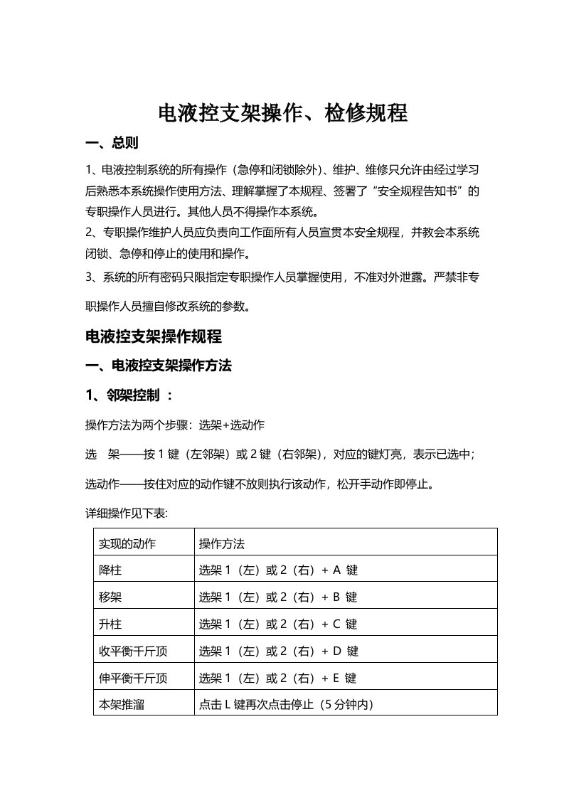 电液控支架操作、检修规程