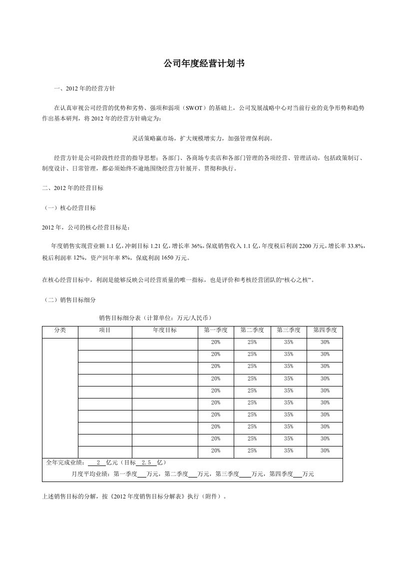 公司年度经营计划书模板