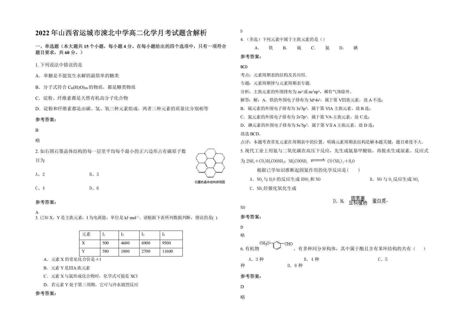 2022年山西省运城市涑北中学高二化学月考试题含解析