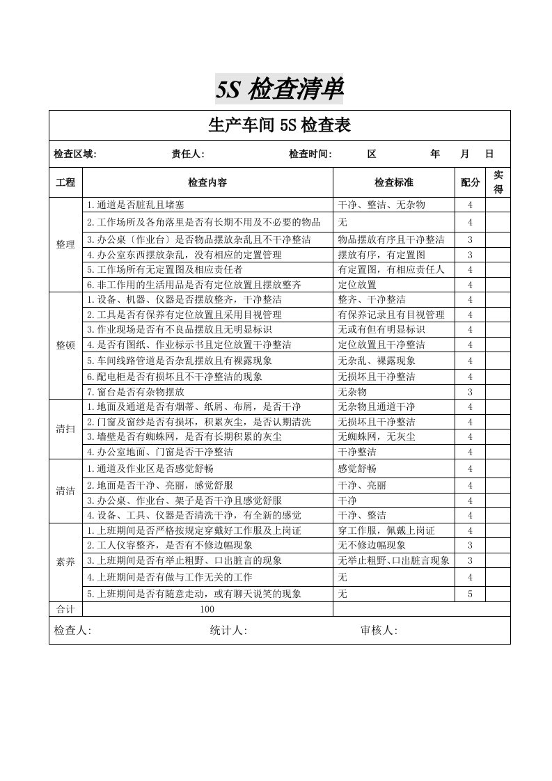 5s检查清单