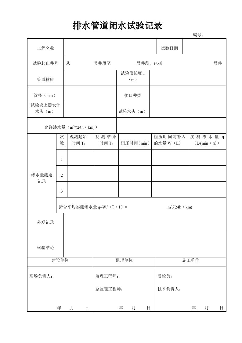 市政工程排水管道闭水试验记录