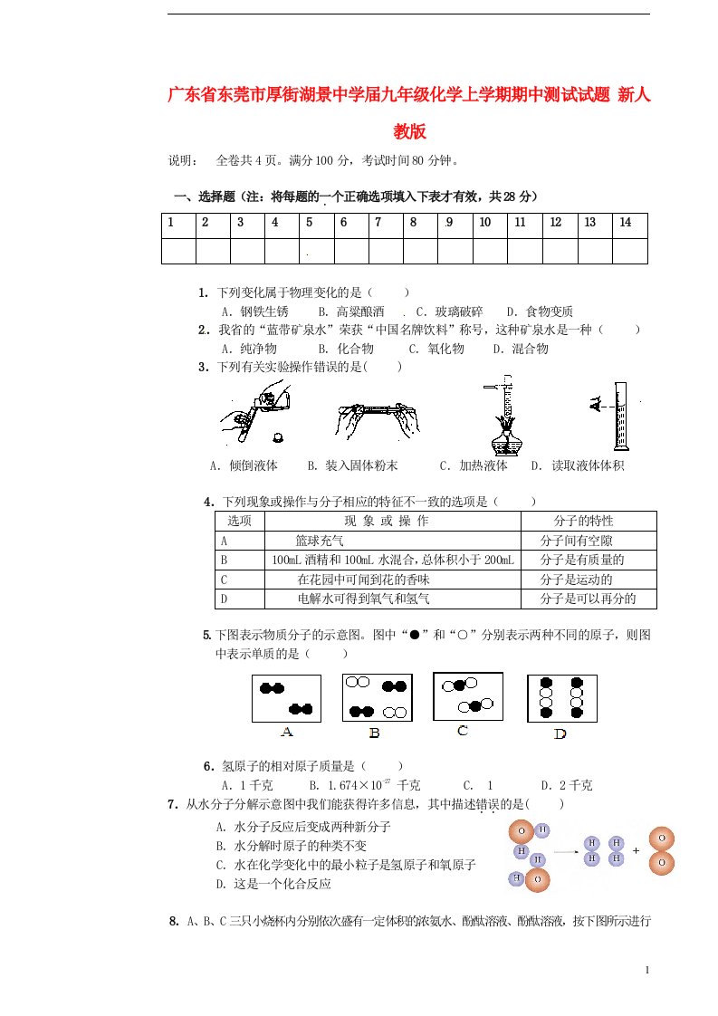 广东省东莞市厚街湖景中学九级化学上学期期中测试试题