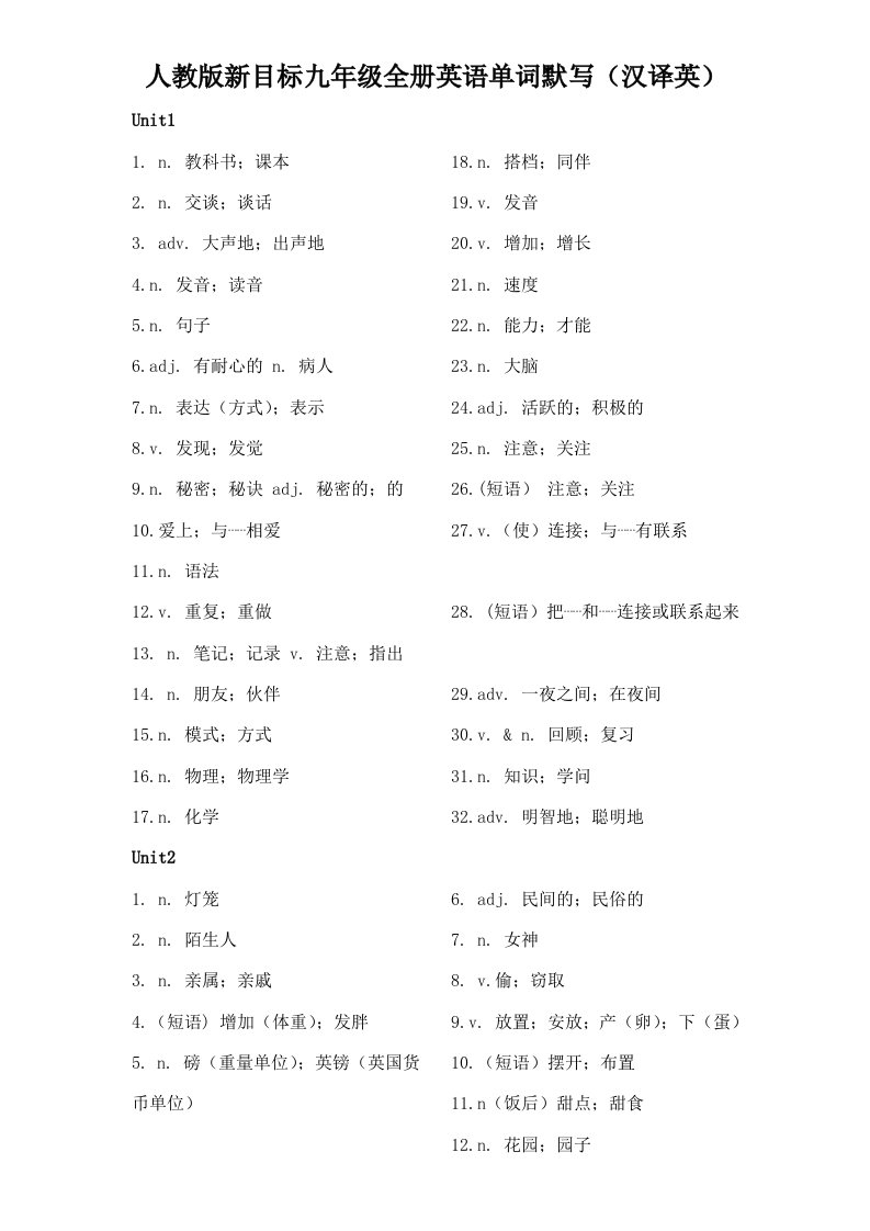 人教版新目标九年级全册英语单词默写(汉译英)