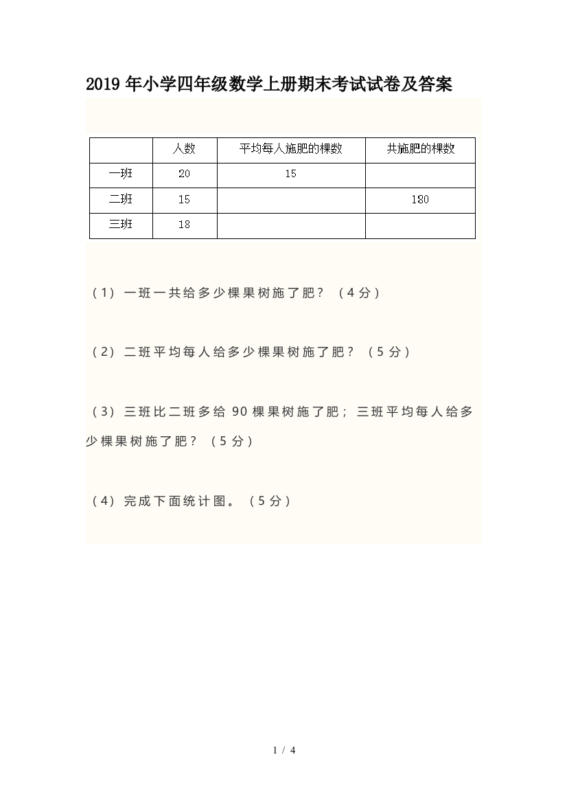 2019年小学四年级数学上册期末考试试卷及答案