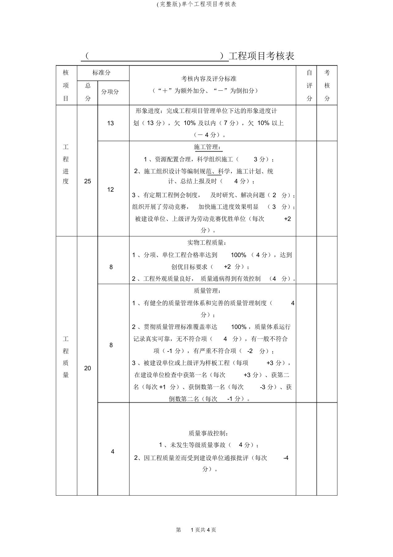 (完整版)单个工程项目考核表