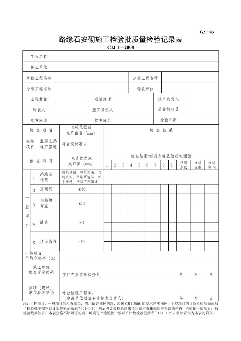 建筑工程-G2—43路缘石安砌施工检验批质量检验记录表