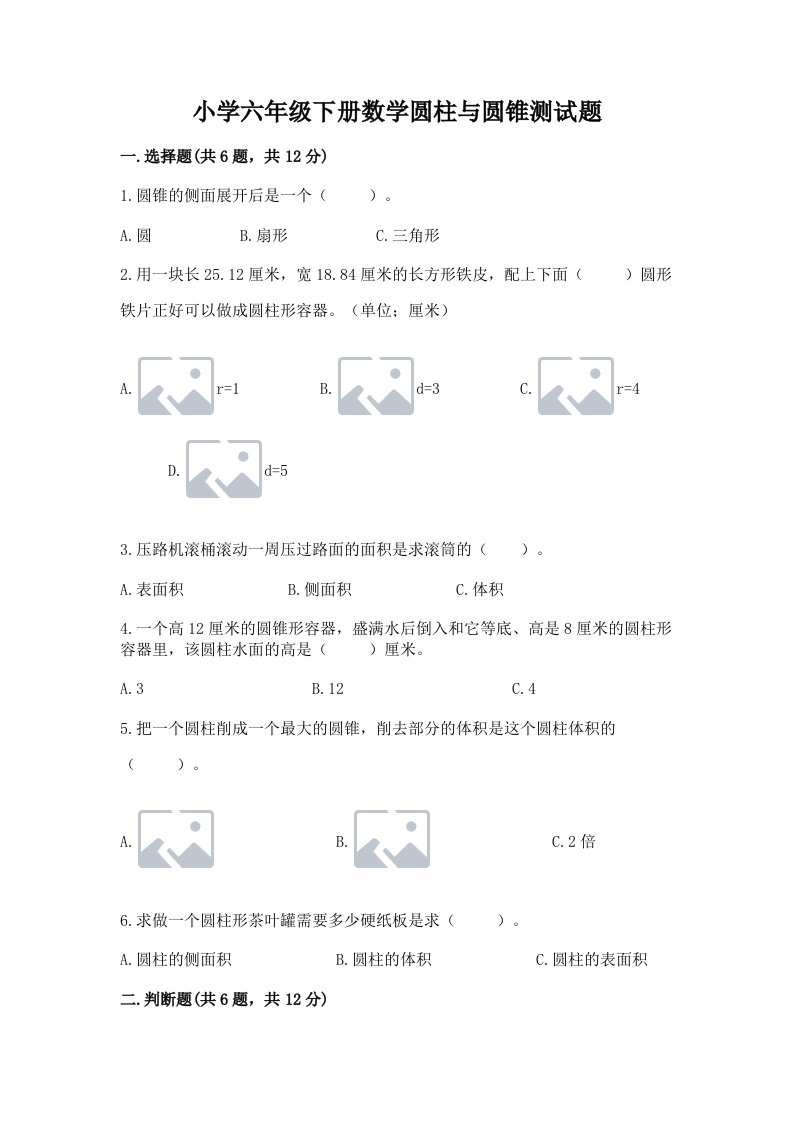 小学六年级下册数学圆柱与圆锥测试题精品【实用】