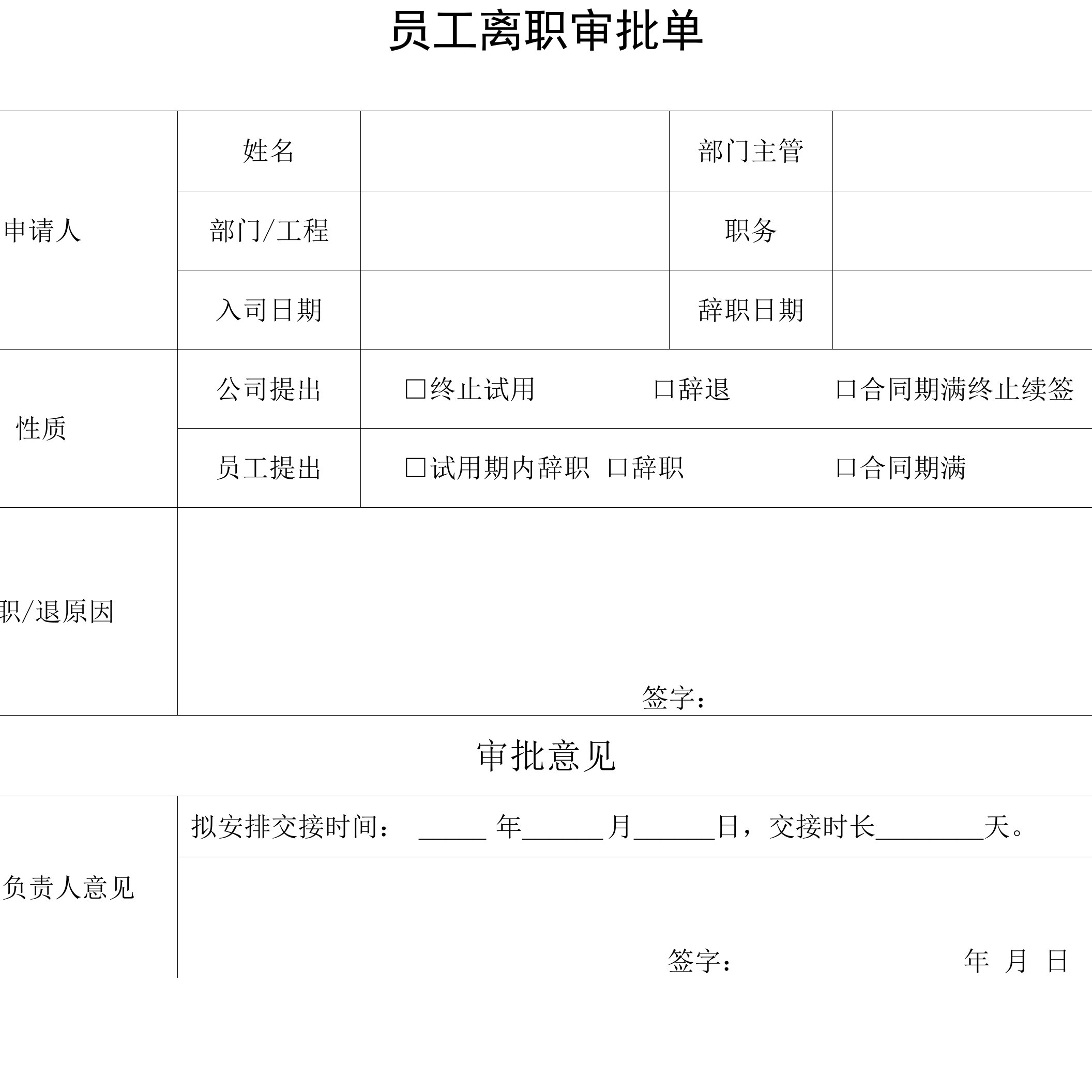 员工离职审批表