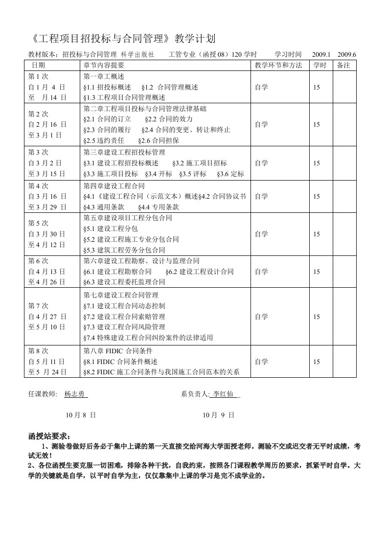 工程项目招投标与合同管理教学计划