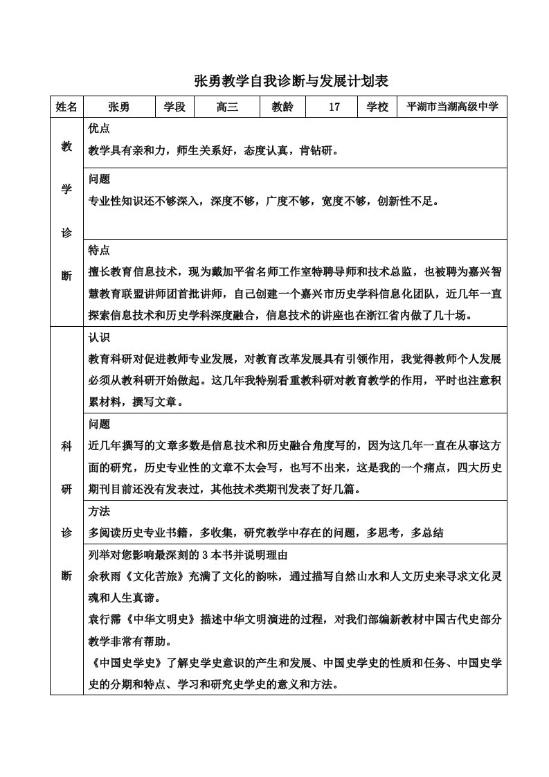 张勇教学自我诊断与发展计划表