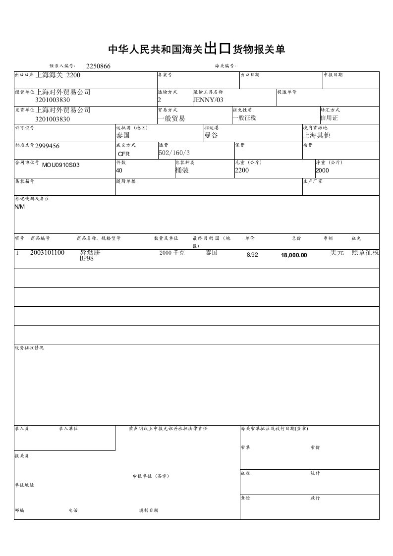 出口货物报关单