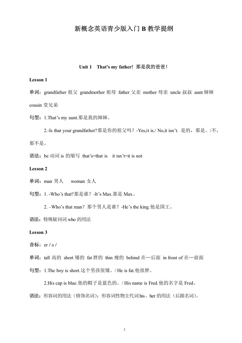 新概念英语青少版入门级B教学提纲