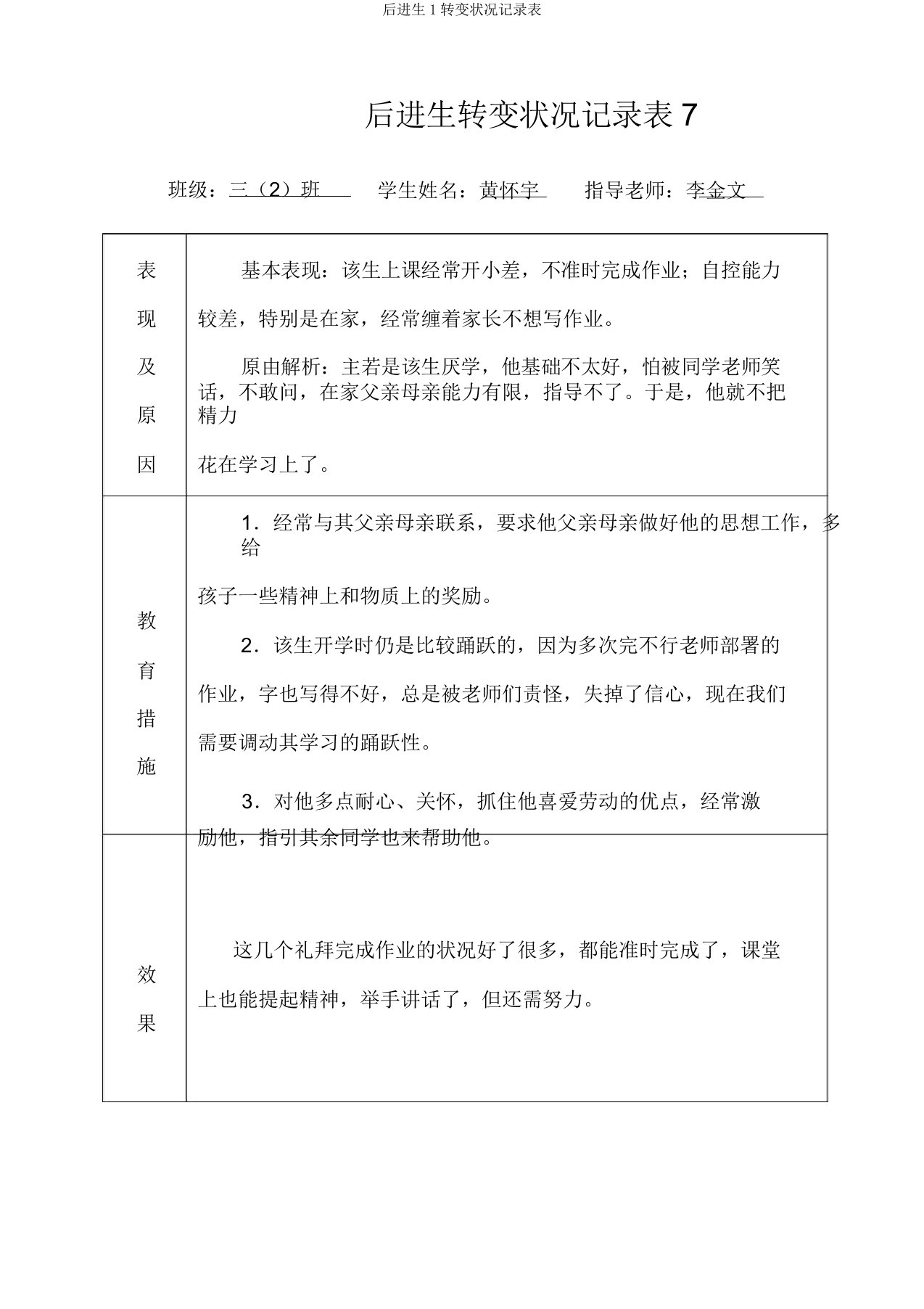 后进生1转化情况记录表