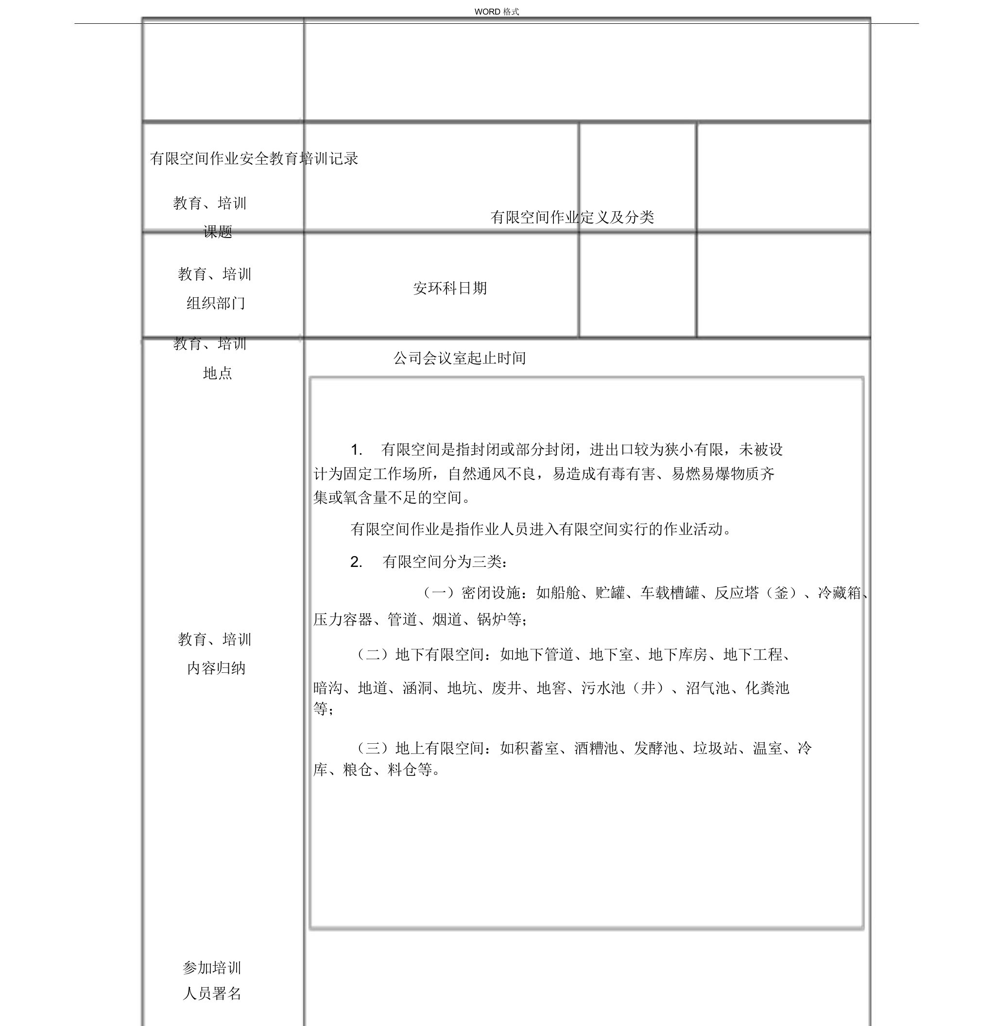 有限空间作业安全培训记录