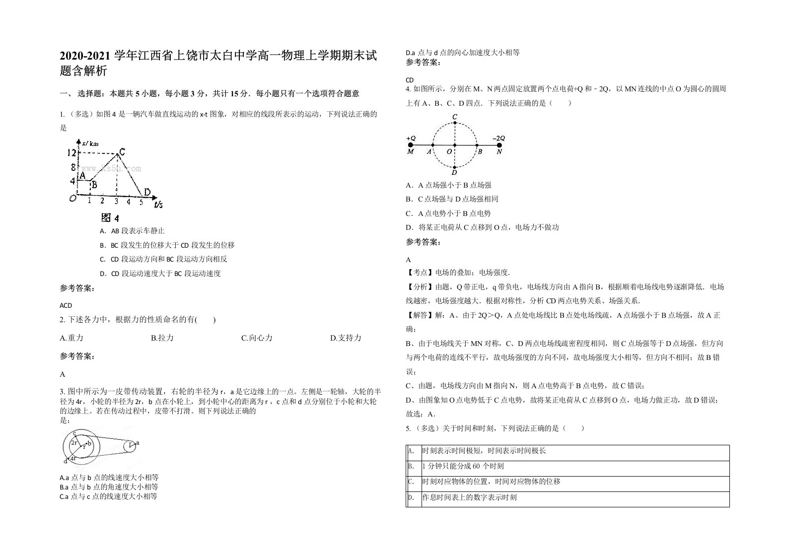 2020-2021学年江西省上饶市太白中学高一物理上学期期末试题含解析