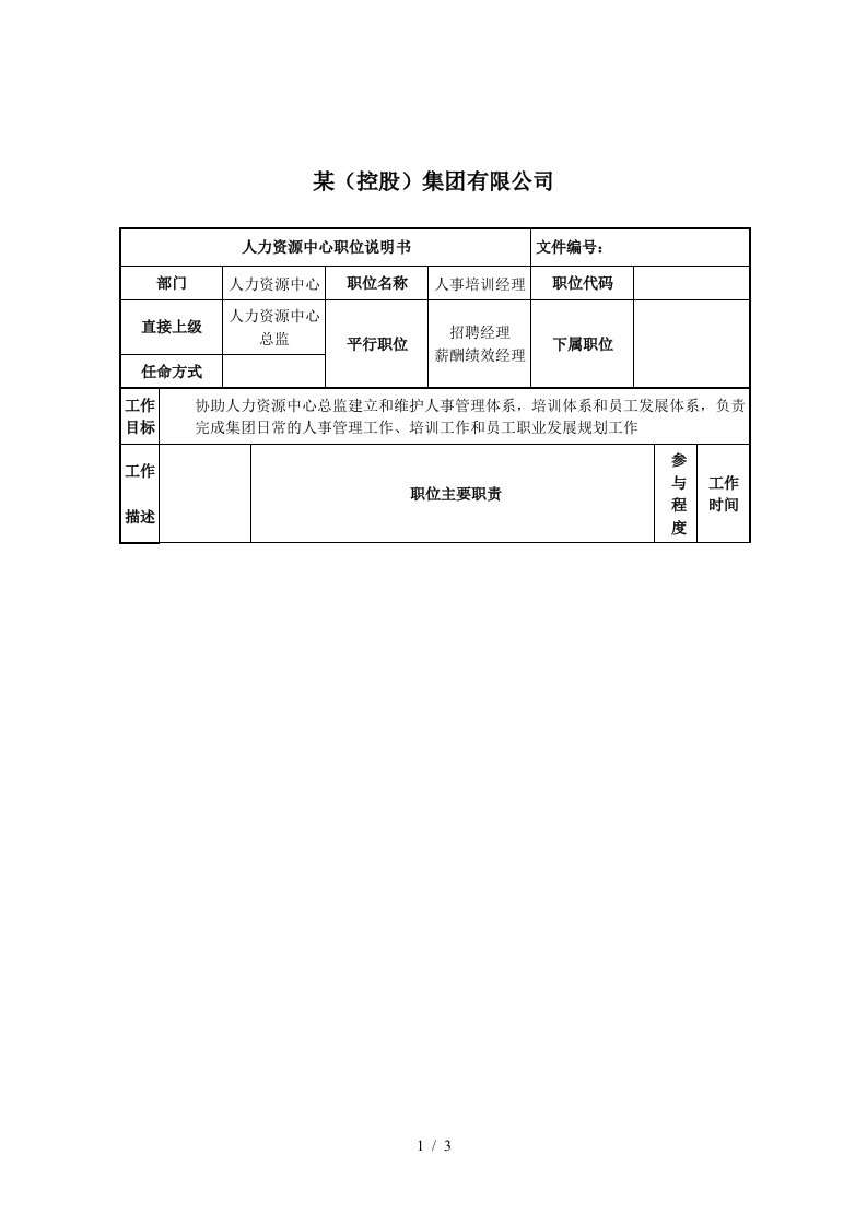 人事部岗位职务说明书汇总20