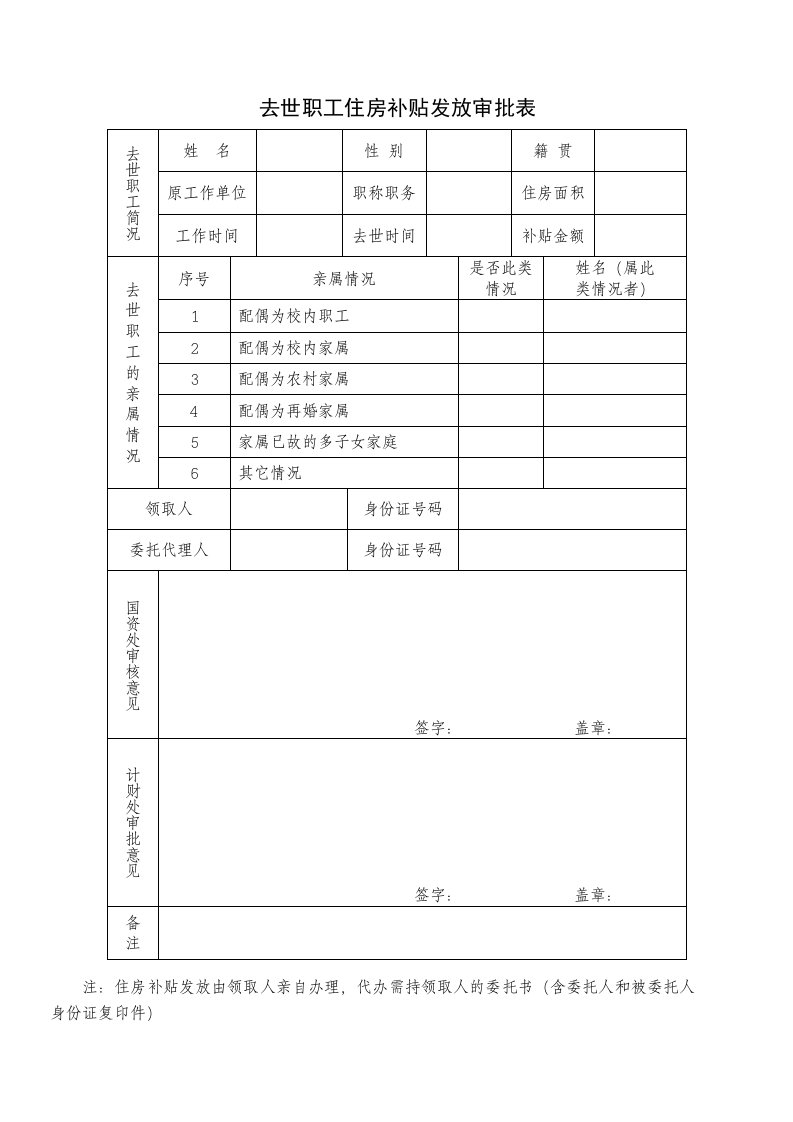 去世职工住房补贴发放审批表