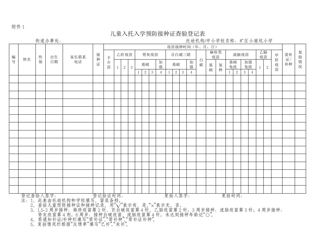 儿童入托入学预防接种证查验登记表