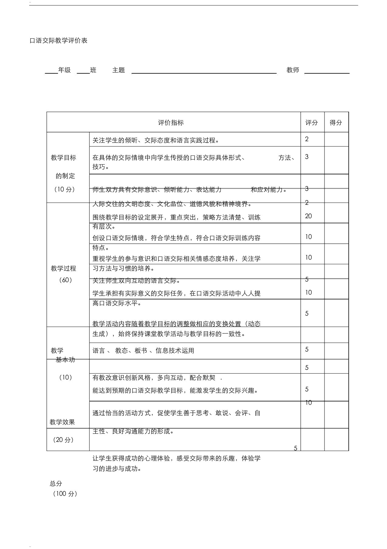 口语交际教学评价表