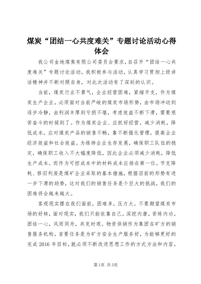 4煤炭“团结一心共度难关”专题讨论活动心得体会