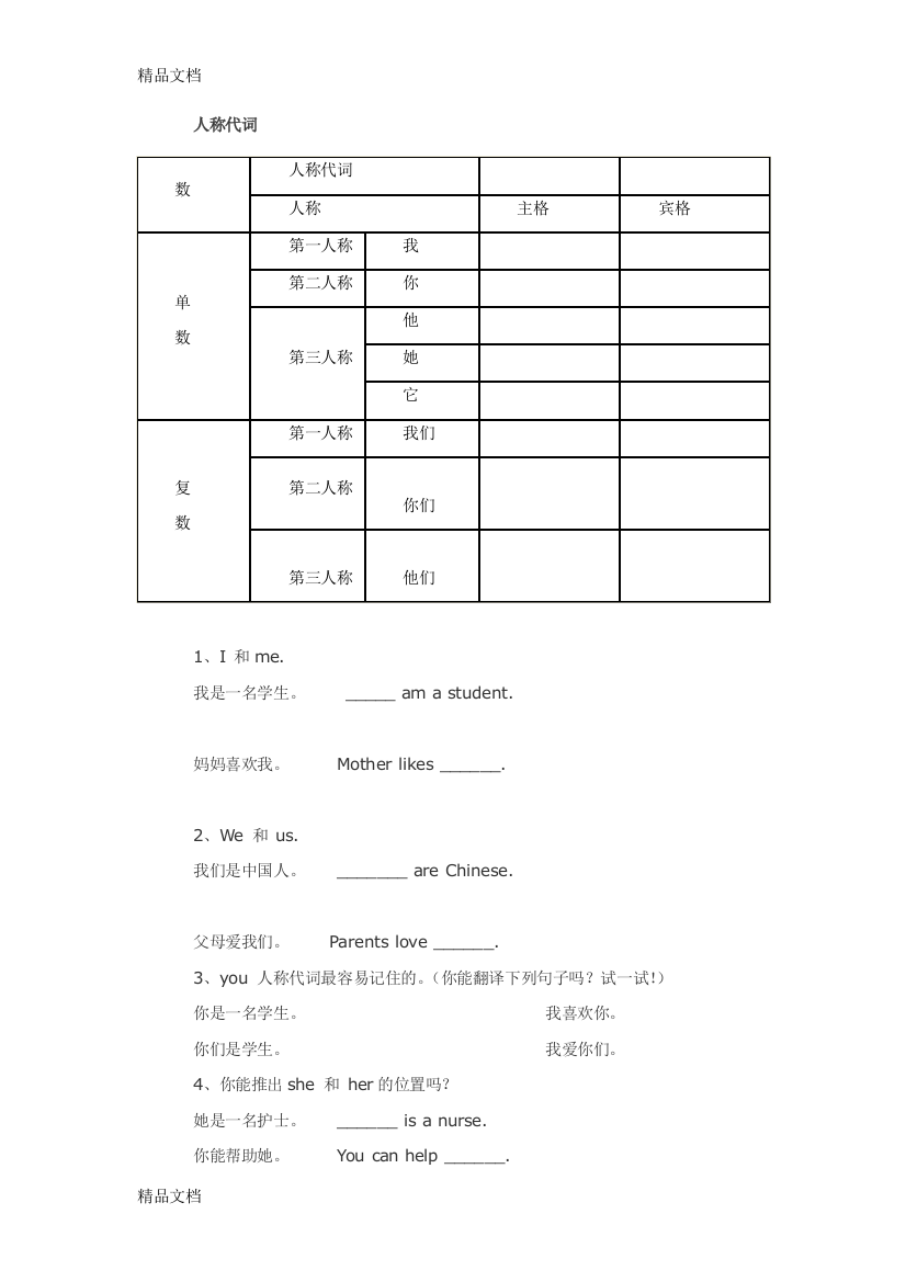 小升初英语人称代词、物主代词讲解和习题练习