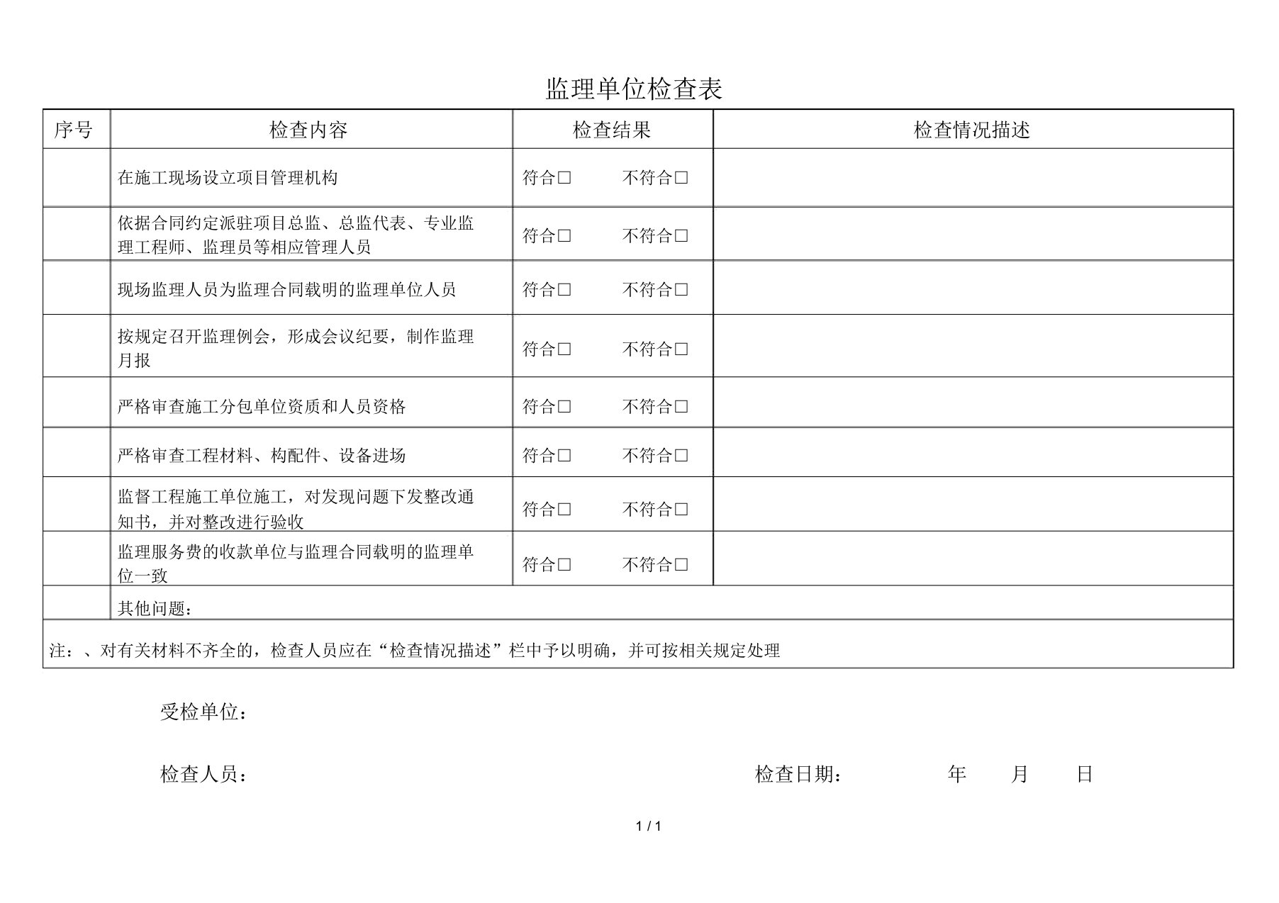 监理单位检查表