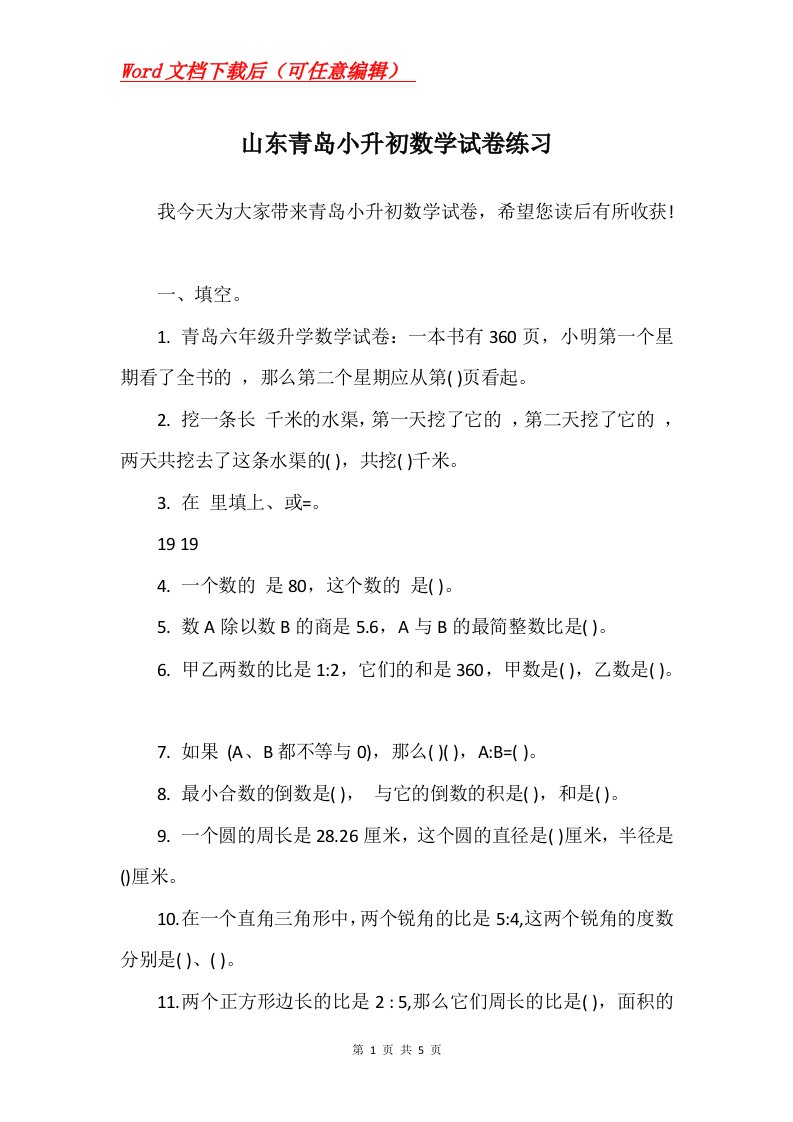 山东青岛小升初数学试卷练习