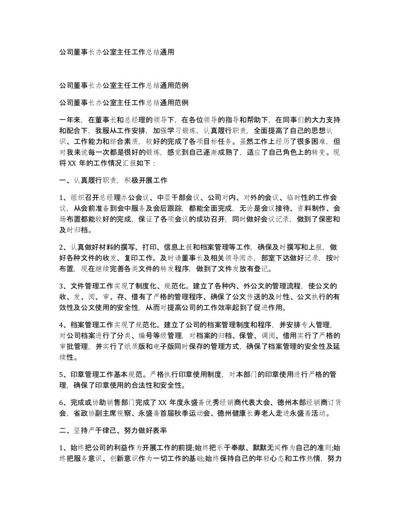 公司董事长办公室主任工作总结通用