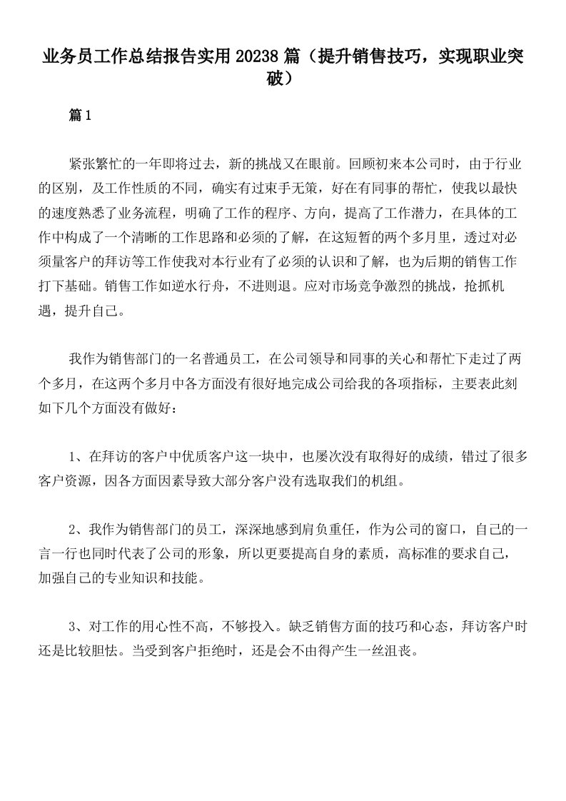 业务员工作总结报告实用20238篇（提升销售技巧，实现职业突破）