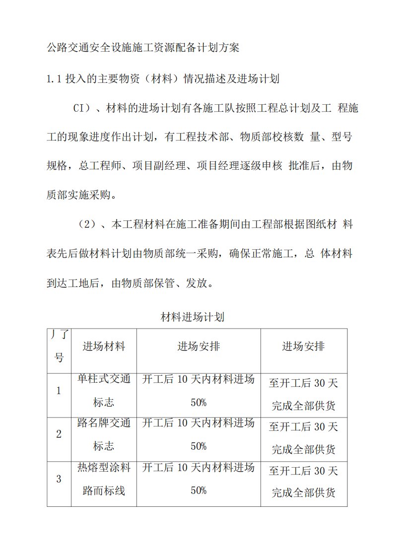 公路交通安全设施施工资源配备计划方案