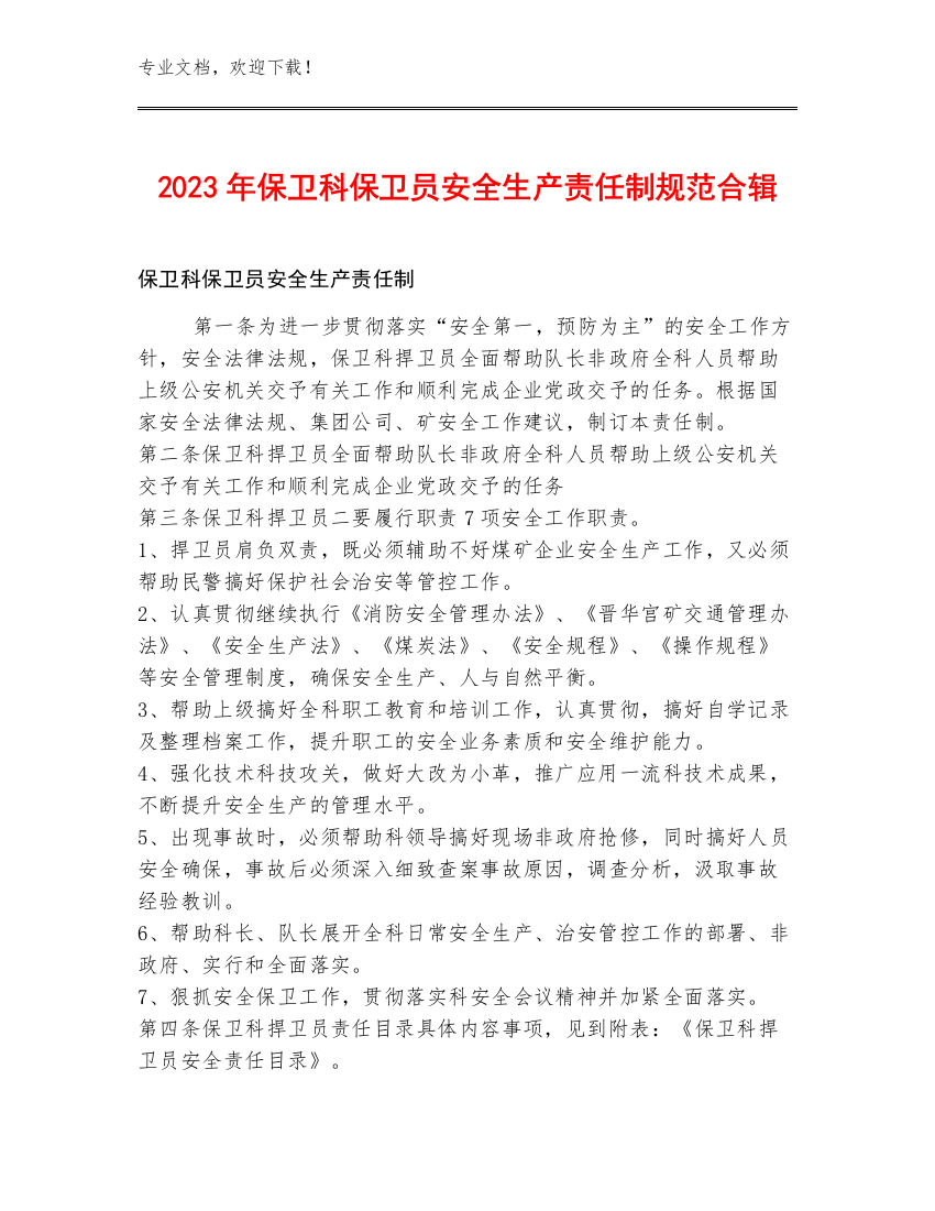 2023年保卫科保卫员安全生产责任制规范合辑