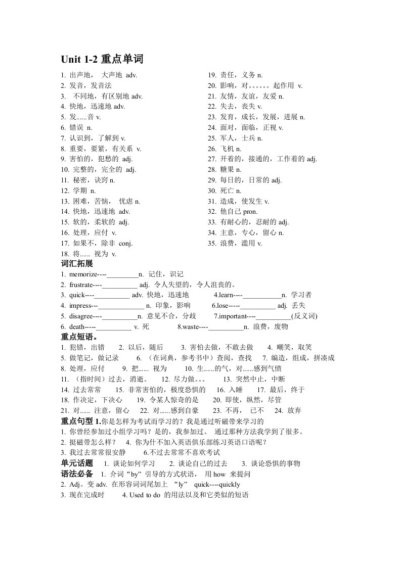 九年级Unit重点单词短语句型语法