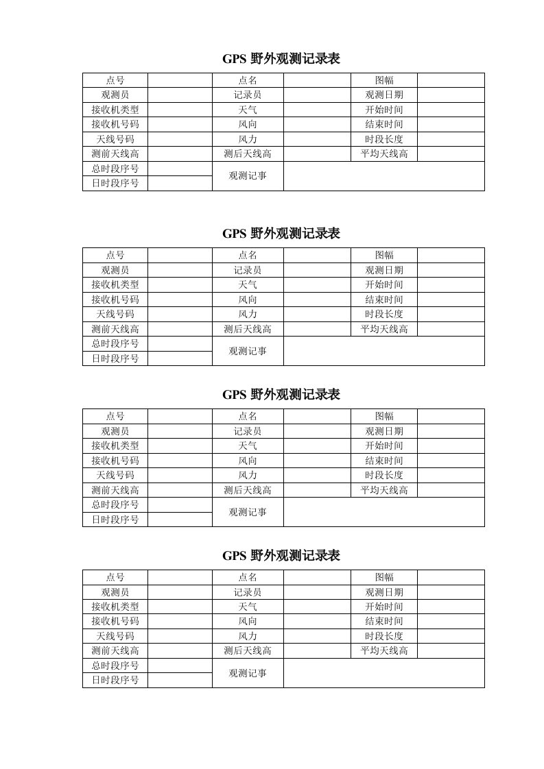 GPS野外观测记录表(A)