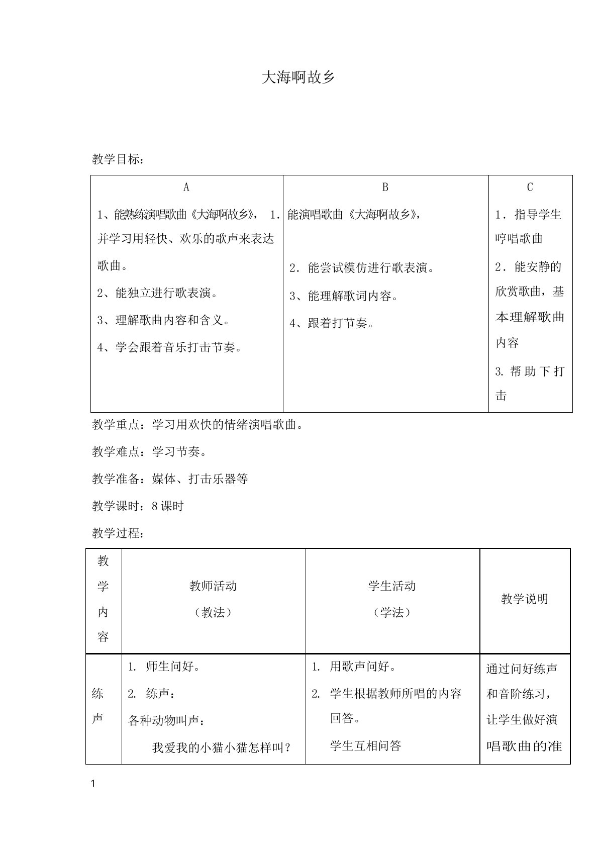 最新人音版音乐八年级下册《大海啊故乡》教案