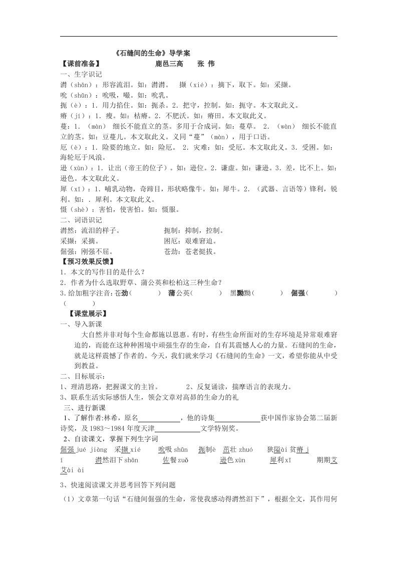 语文版语文九下《石缝间的生命》2