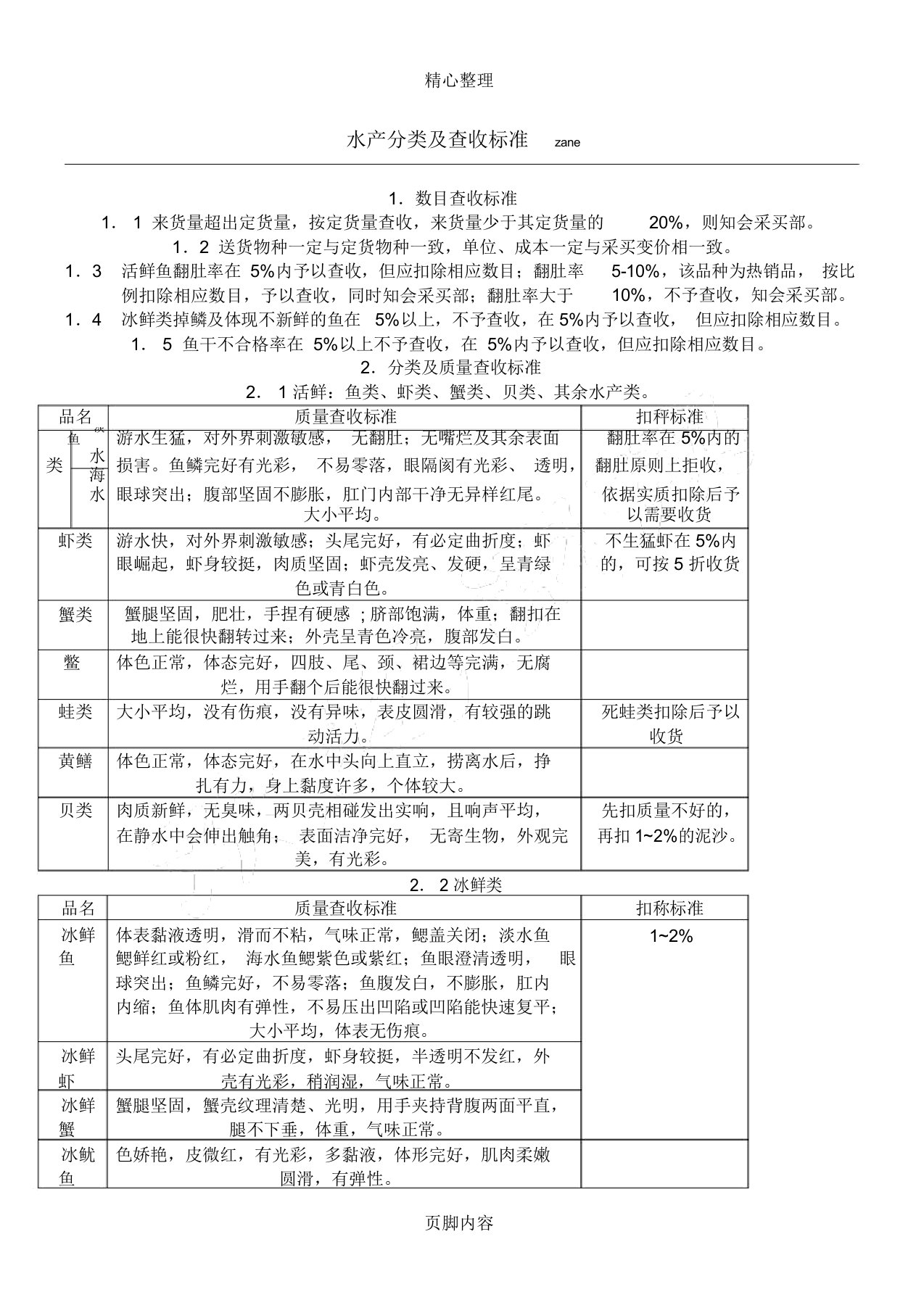 水产分类及验收标准