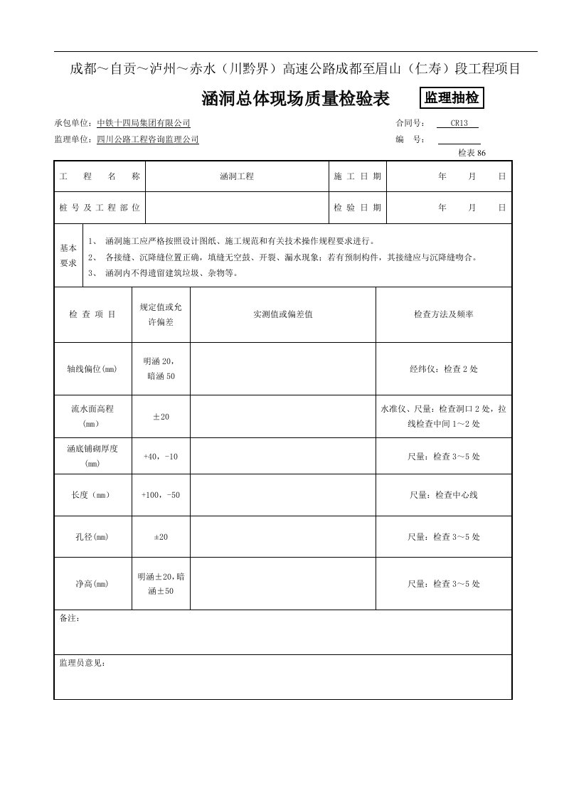 建筑资料-监抽涵洞总体现场质量检验表检表86