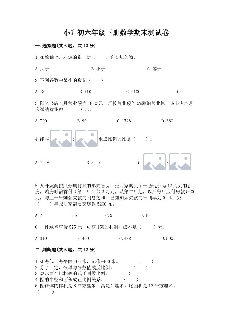 小升初六年级下册数学期末测试卷（历年真题）