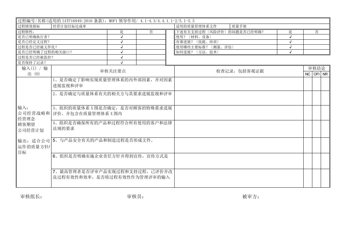 iatf16949内部审核检查表