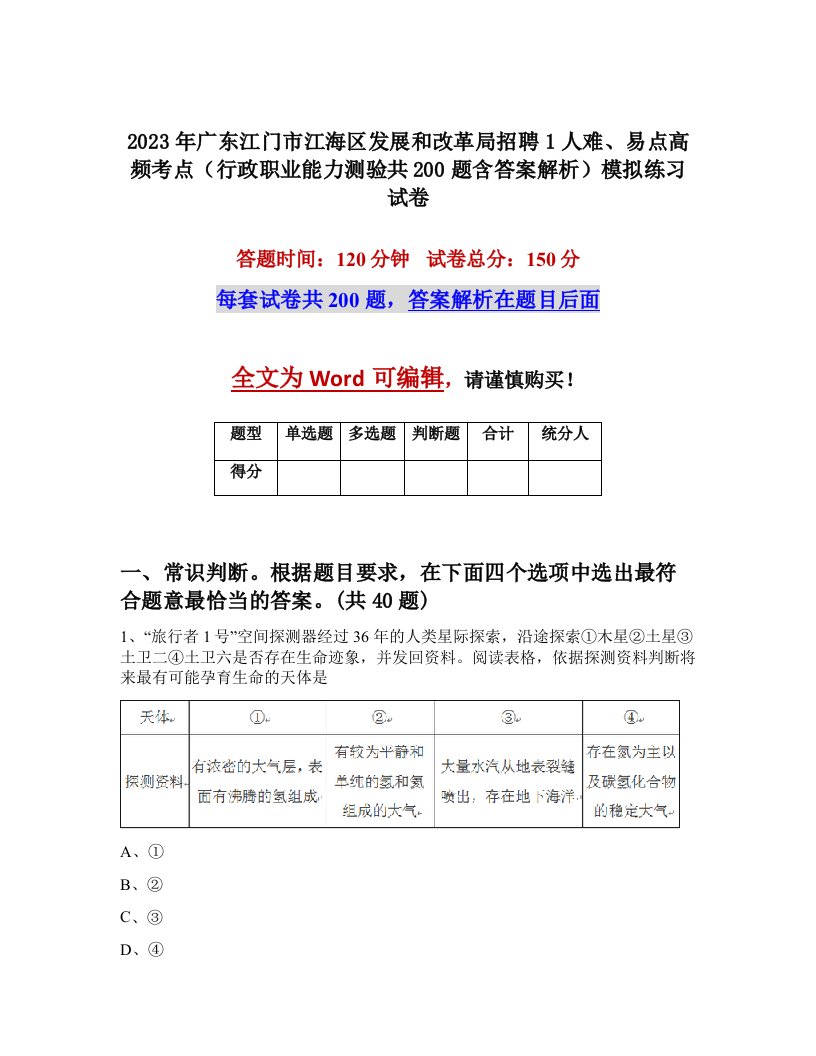 2023年广东江门市江海区发展和改革局招聘1人难易点高频考点行政职业能力测验共200题含答案解析模拟练习试卷