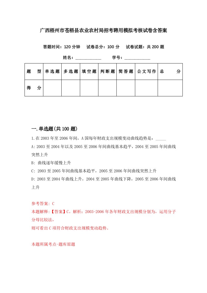 广西梧州市苍梧县农业农村局招考聘用模拟考核试卷含答案1