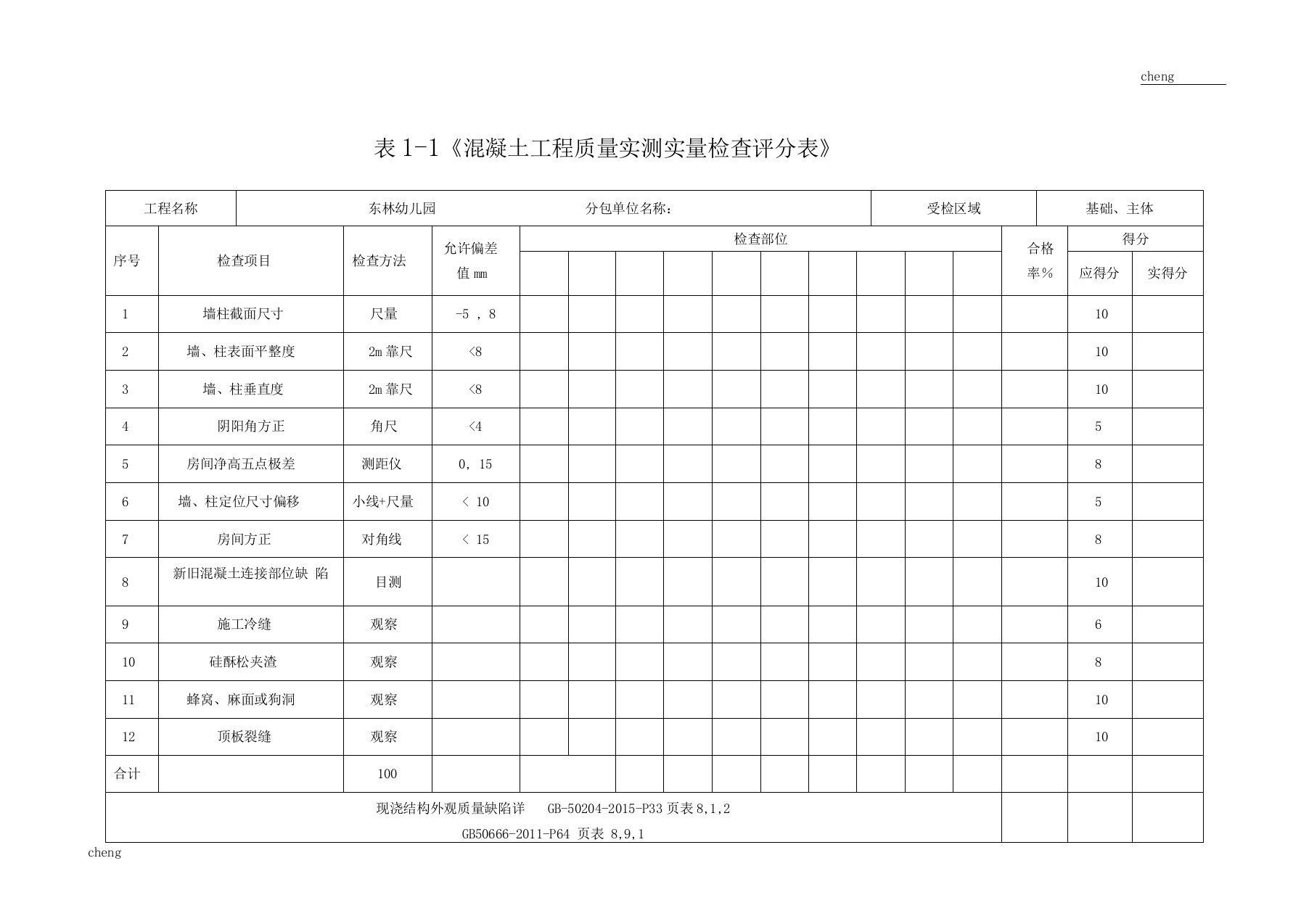 建筑工程质量实测实量检查评分表