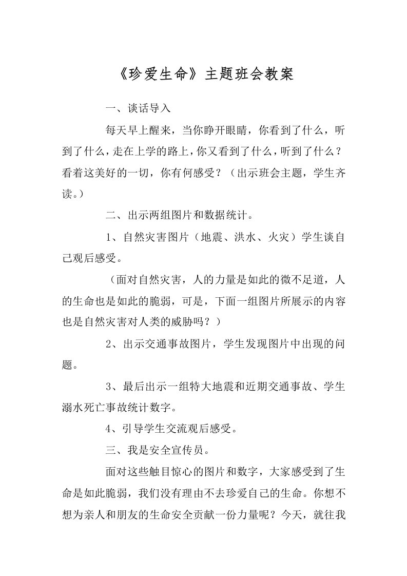 《珍爱生命》主题班会教案